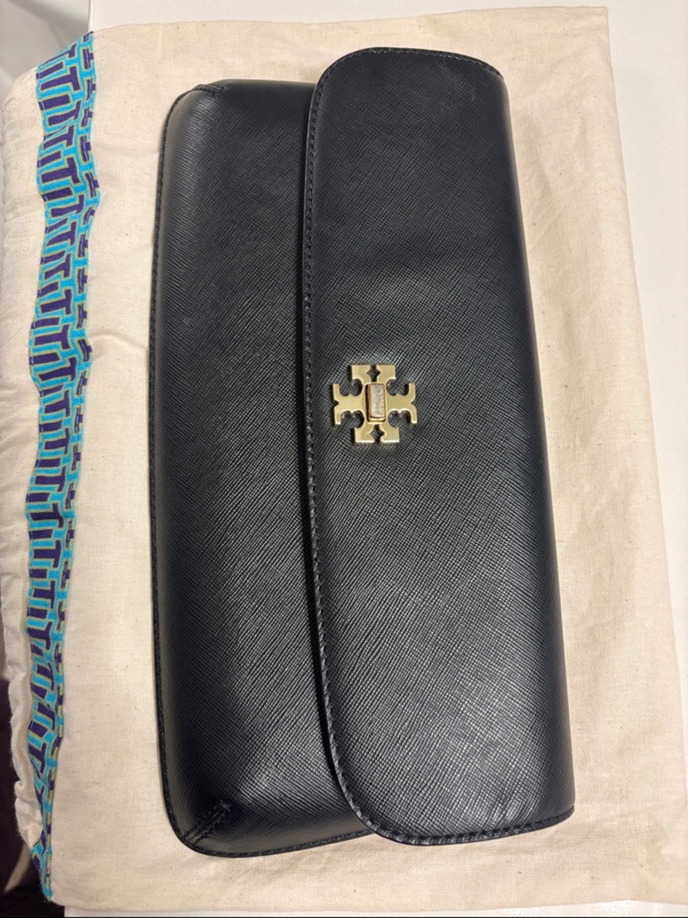 Tory Burch Black Leather Clutch Wallet with Gold Logo